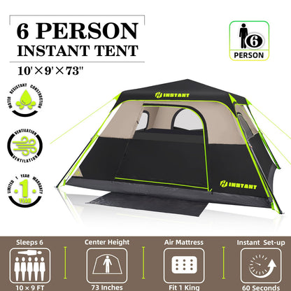 HINSTANT 4/6/8/10 Person Instant Tent, Waterproof Pop Up Tents for Camping with Rainfly, 60 Seconds Easy Setup, Automatic Cabin Tent for Family Camping with Expandable Carry Bag & Upgraded Ventilation