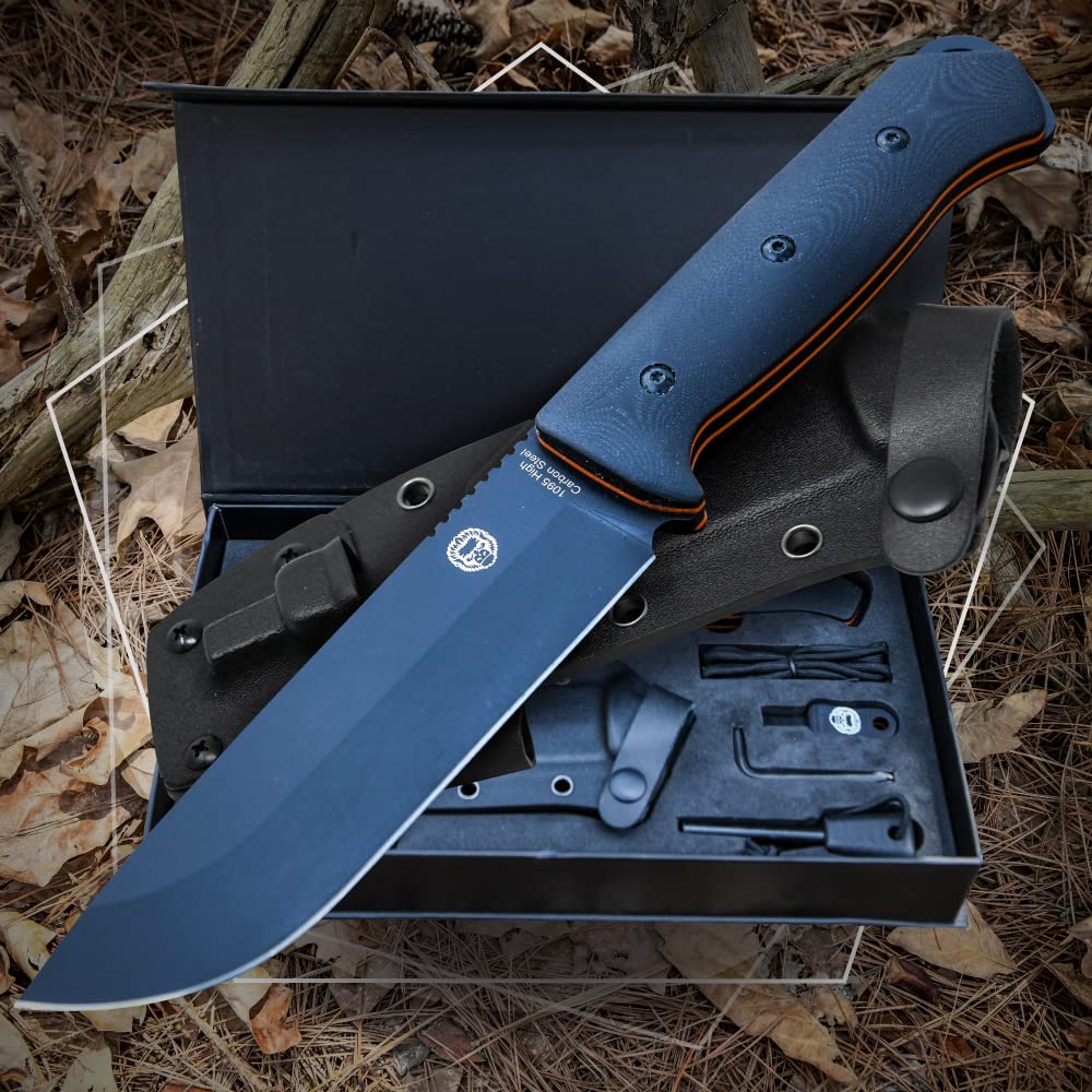 Holtzman's Gorilla Survival Bushwhacker Fixed Blade Knife with Fire Starter, G10 Scraper, and Paracord (Black) - Ideal for Camping and Survival