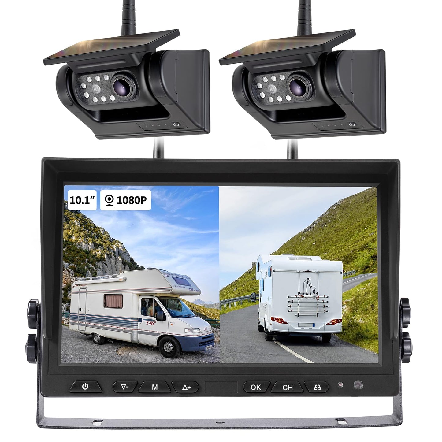WOOCARTY 10.1" - 2 Magnetic Solar Wireless Backup Camera, HD 1080P DVR Monitor, Dual RV Cameras System for Hitch Towing RV Camper Trailer, IR Night Vision, Rechargeable Battery, Type-C Charging, SR2