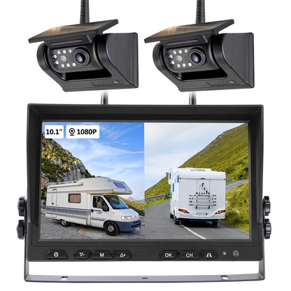 WOOCARTY 10.1" - 2 Magnetic Solar Wireless Backup Camera, HD 1080P DVR Monitor, Dual RV Cameras System for Hitch Towing RV Camper Trailer, IR Night Vision, Rechargeable Battery, Type-C Charging, SR2