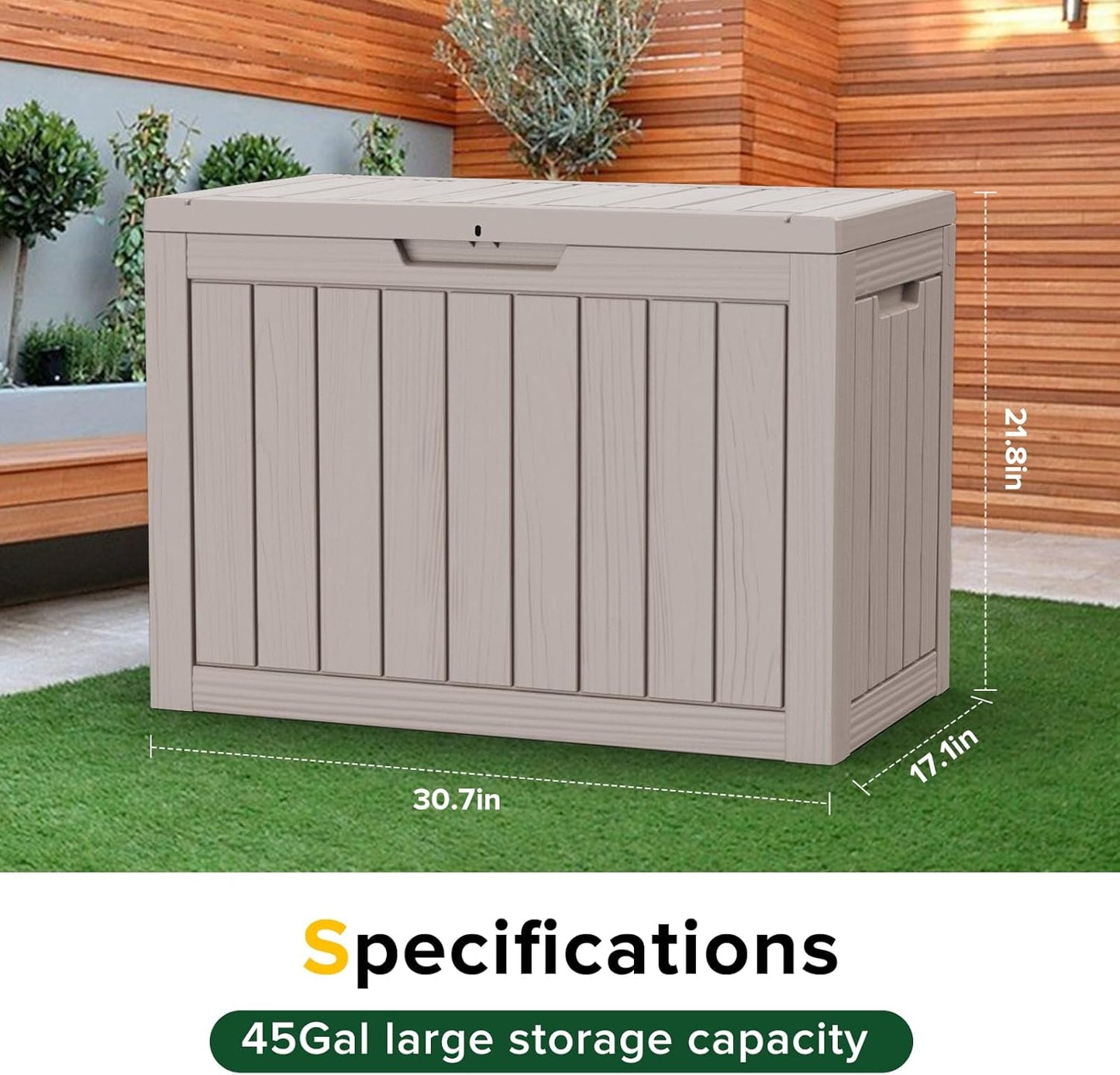 Skiennix 45 Gallon Outdoor Deck Box - Lockable Waterproof Storage for Garden Tools & Cushions | Grey