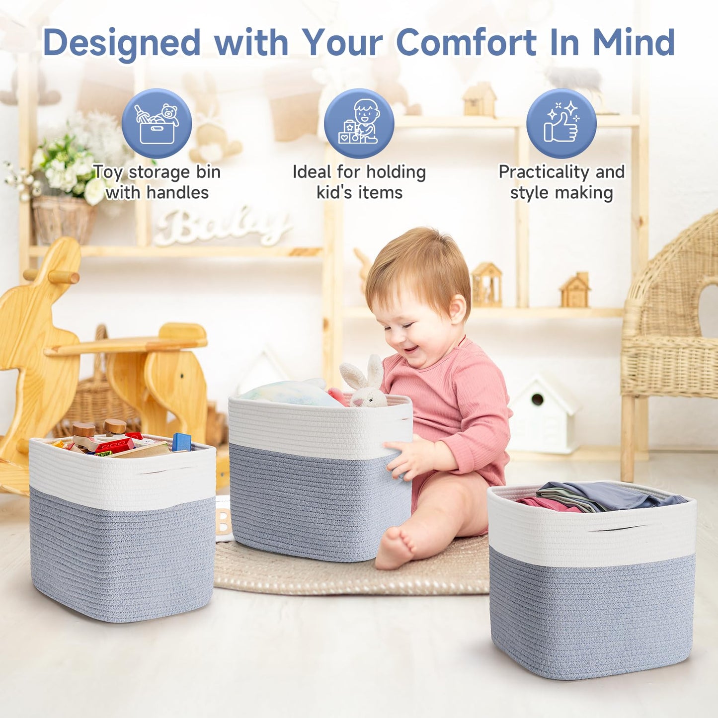 Maxuni Storage Cubes Cotton Rope Woven Baskets for Organizing, 11 Inch Cube Storage Bin, Cotton Rope Square Basket, Storage Baskets for Shelves Organizer, Closet-2Pack