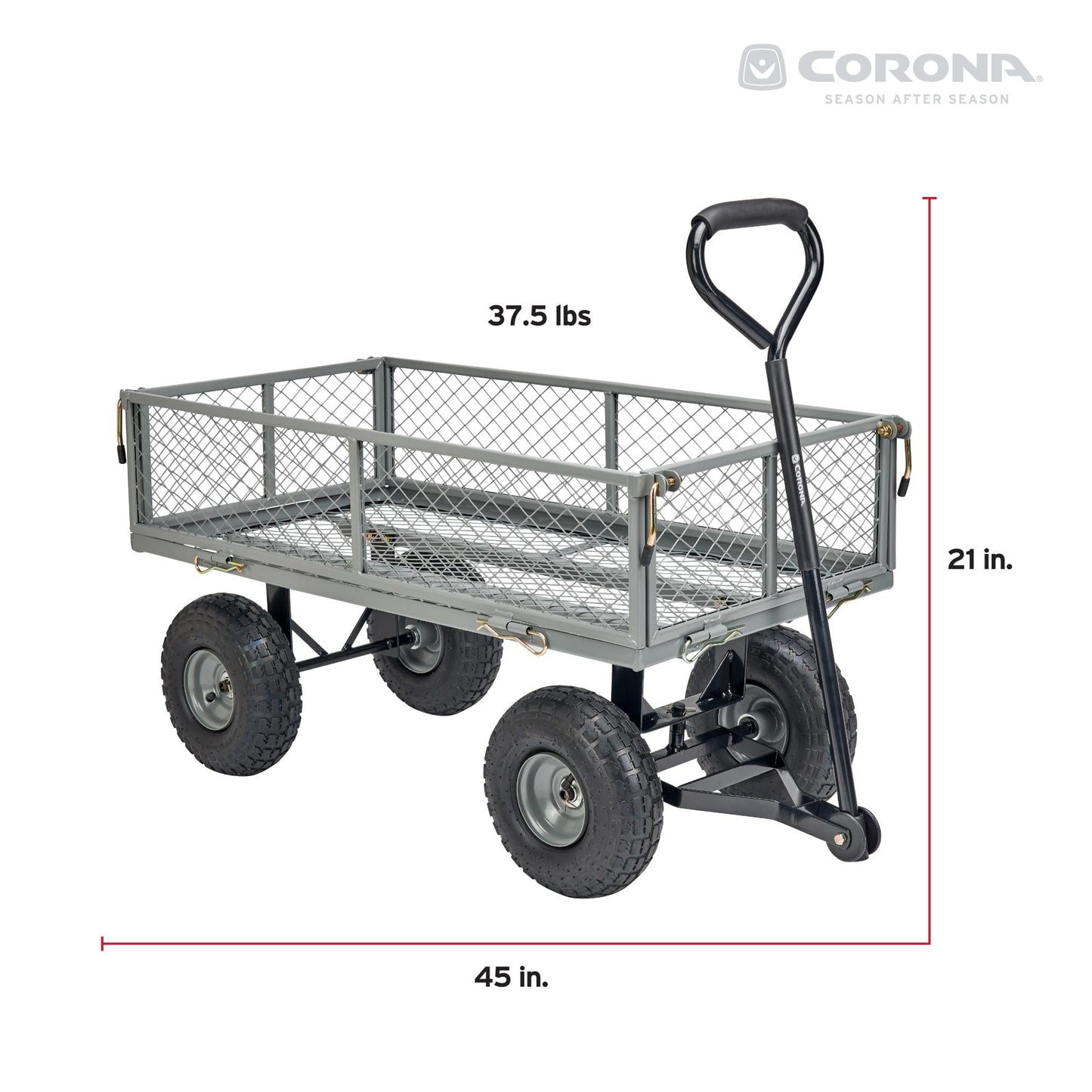 Corona Metal Landscape Cart 400 Pound Capacity Fold Down Sides 10 Inch Pneumatic Tires for Yard, Gardening, Bark, Planting