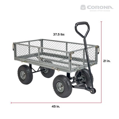Corona Metal Landscape Cart 400 Pound Capacity Fold Down Sides 10 Inch Pneumatic Tires for Yard, Gardening, Bark, Planting