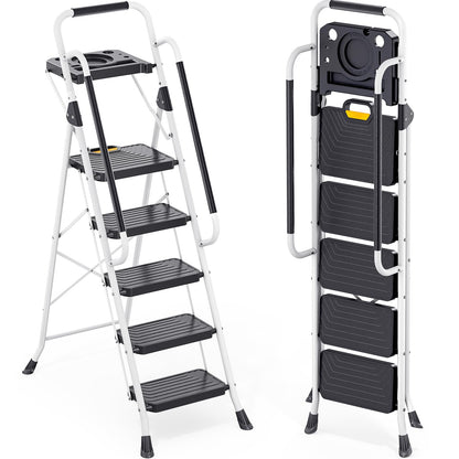 TOOLF 5 Step Ladder, Sturdy Steel Step Stool with Tool Platform, Anti-Slip Wide Pedals, Handrail, Safe-Lock Design, Folding Portable Ladder for Home, Kitchen, Pass 800lbs Load Testing, White