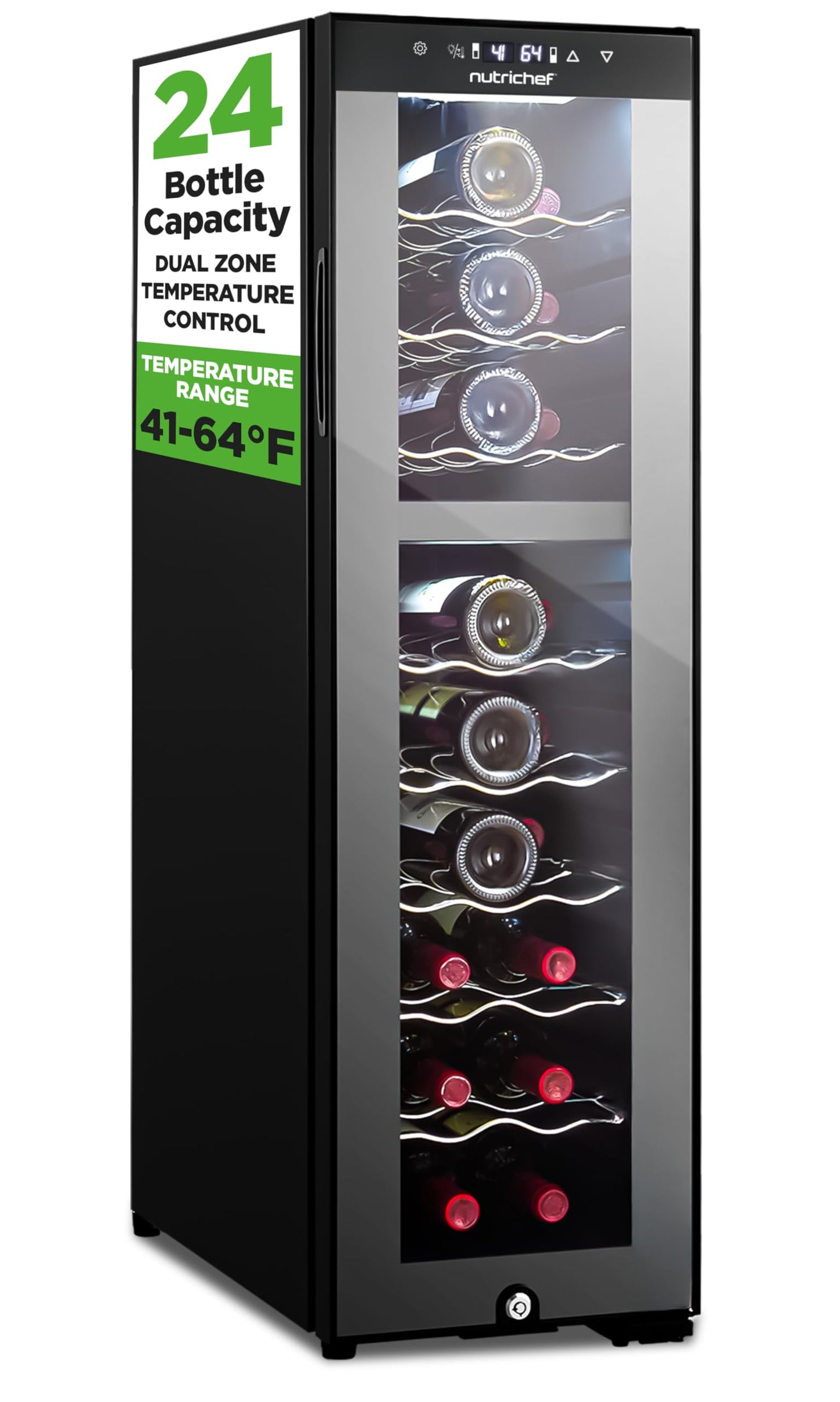 NutriChef 24 Bottle Wine Fridge | Dual Zone Chiller | Adjustable Temperature 41°F to 64°F | Ultra Quiet Operation | Wine Cooler for Home, & Office | FreeStanding 39x11x23 in (Black)