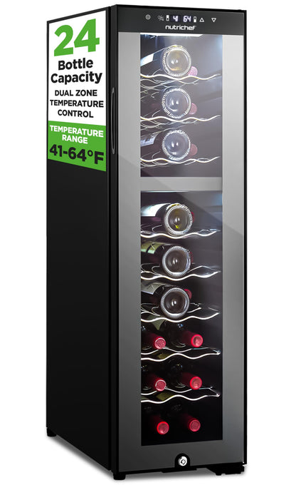 NutriChef 24 Bottle Wine Fridge | Dual Zone Chiller | Adjustable Temperature 41°F to 64°F | Ultra Quiet Operation | Wine Cooler for Home, & Office | FreeStanding 39x11x23 in (Black)