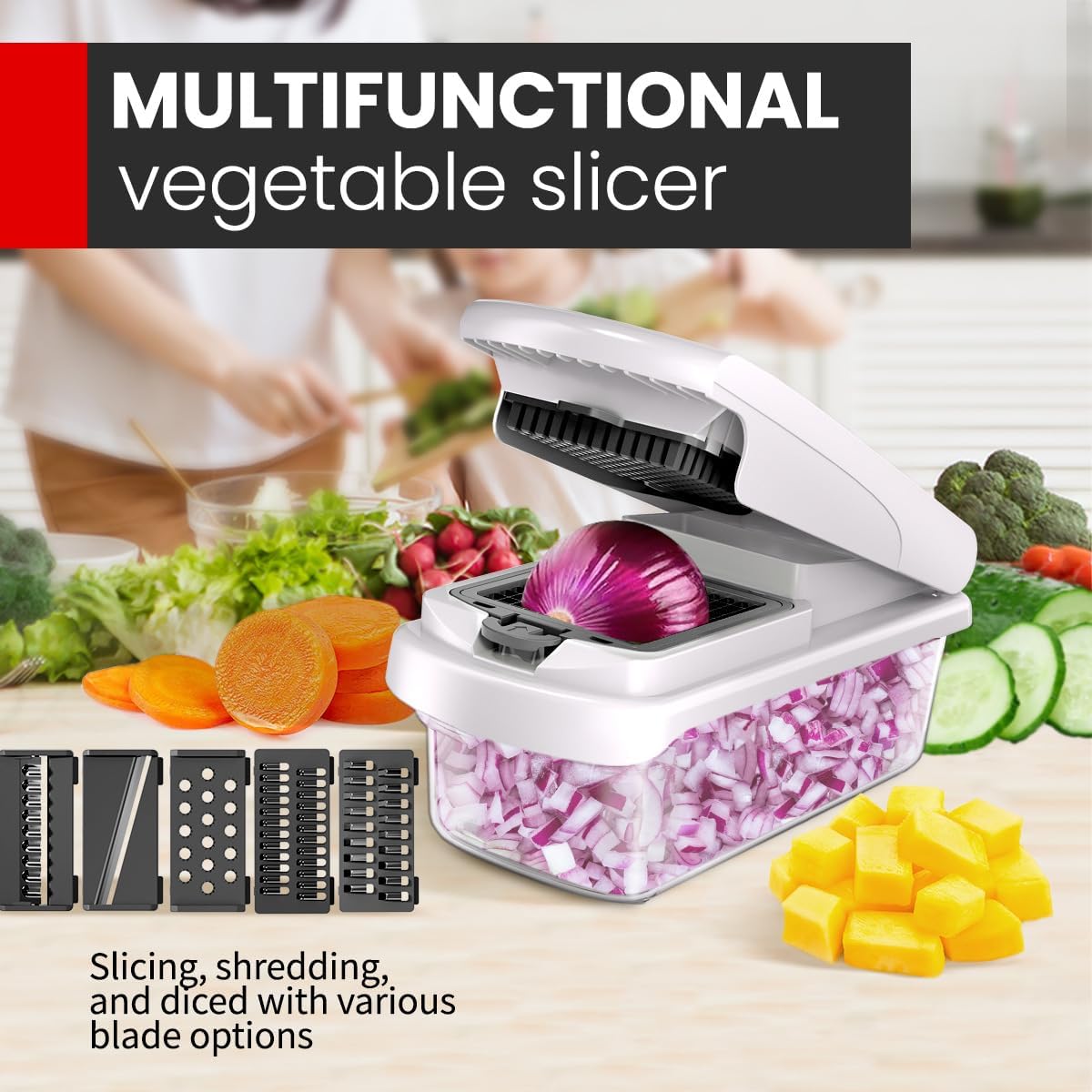 Skiennix 11-in-1 Mandoline Vegetable Chopper - Multifunctional Slicer with Container for Salad & Fruit (Beige)