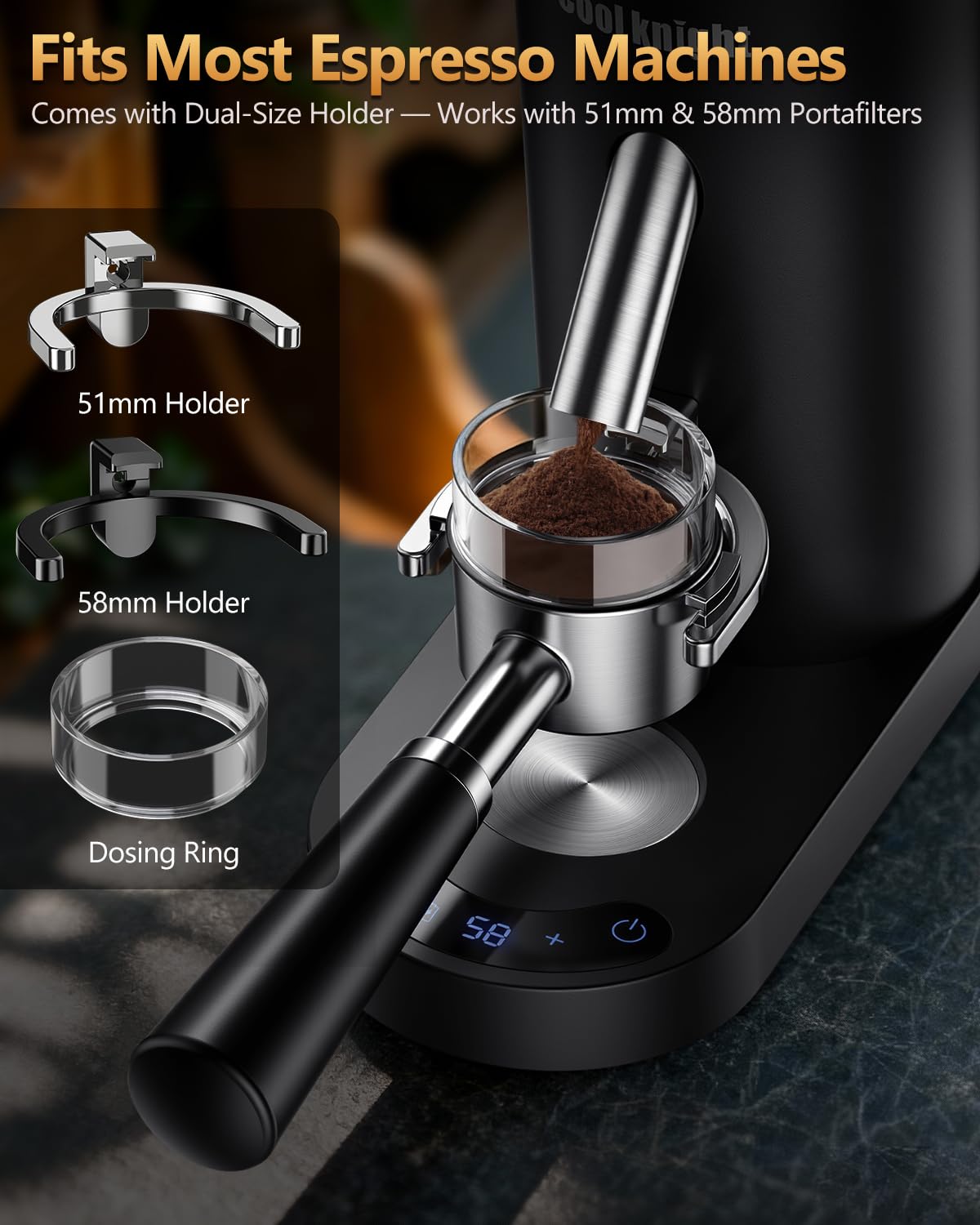 COOL KNIGHT Rechargeable Conical Burr Coffee Grinder, 60 Grind Settings & 5–98 Level Timer, Espresso Grinder with Bellows Hopper and Portafilter Holder, Easy to Clean