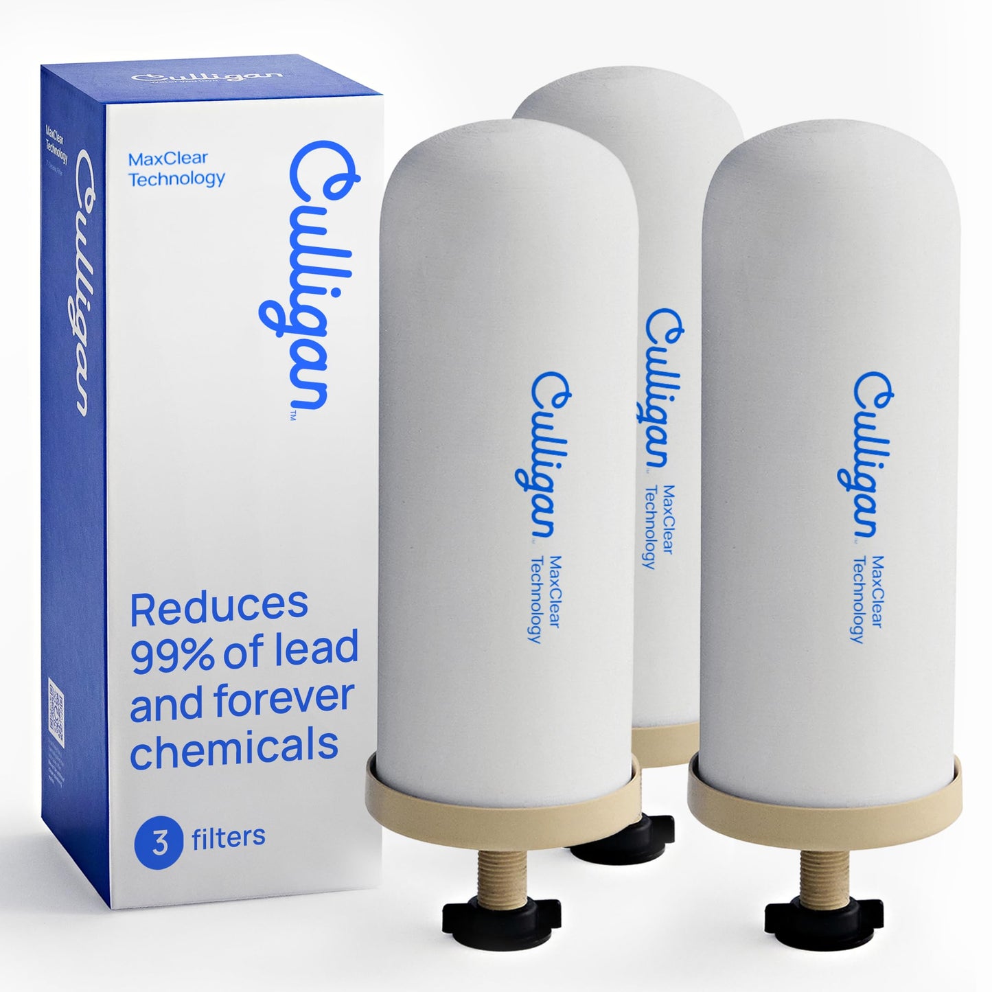Culligan MaxClear 7” Gravity Water Filter Replacement Compatible with ProOne & Berkey Water Filter Systems, Ceramic & Carbon Filter NSF/ANSI Certified, Reduce Total PFAS, Microplastics & Lead, 3-Pack