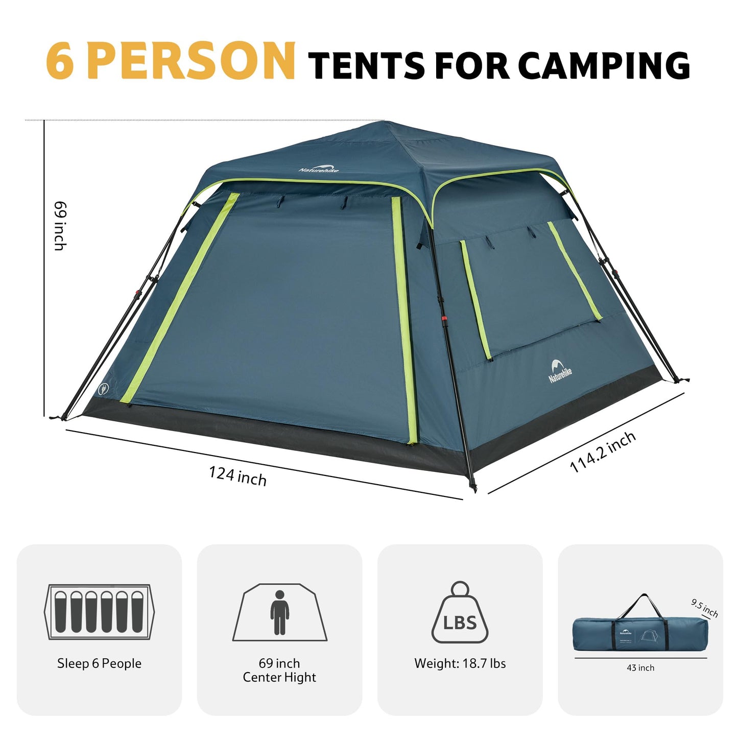 Naturehike Cape Lite 4-6 Person Camping Tent, Easy Setup in Seconds Instant Cabin Tents for Family Camping & Hiking
