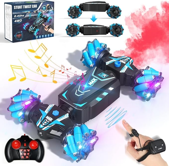 Axirata Remote Control Car Hand Controlled Gesture RC Stunt Car with Spray &amp Lights &amp Music for Kids 6-13 Year Old 4WD 2.4GHz Off-Road 360° Rotation Toy Car Gift for Boys Girls