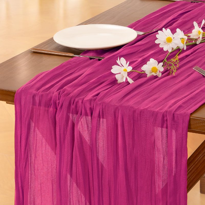 Socomi 3pcs Hot Pink Spring Cheesecloth Table Runner Fuchsia Boho Rustic Gauze 120 inch 10FT Cheese Cloth Runner for Wedding Party Baby Shower Birthday Home Decor