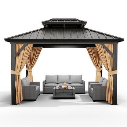 Hardtop Gazebo 10x12 FT, Garden Tent, Frame of Aluminum, Tin Roof Pavilion, Outdoor Gazebo, Sun Shed with Curtain and Netting for Backyard Patio Garden