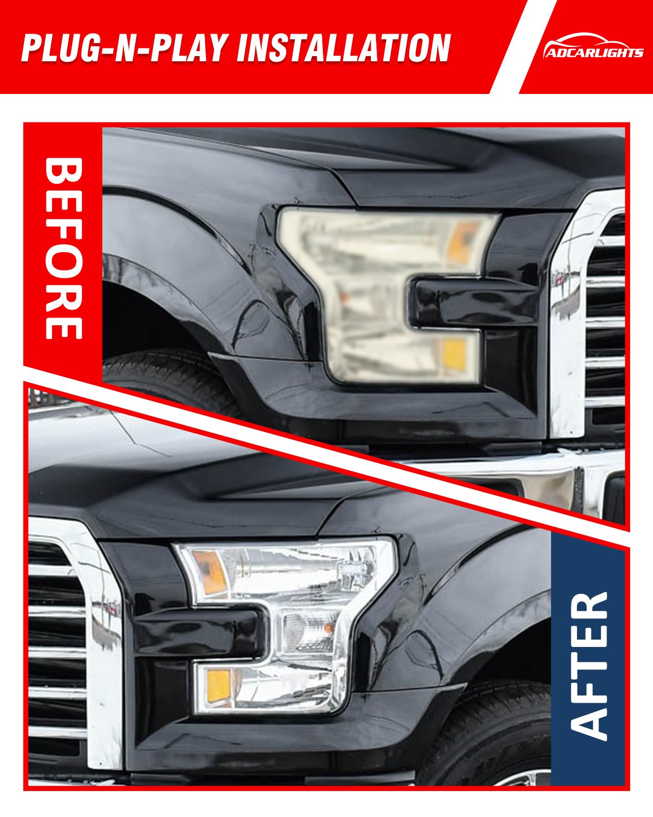 for Ford F150 2015 2016 2017 Headlight Assembly Halogen Lamp Chrome Housing Amber Reflector Driver Side and Passenger Side (Does not fit Models Equipped with LED or HID Headlights)（W/O Bulbs）