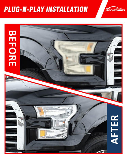 for Ford F150 2015 2016 2017 Headlight Assembly Halogen Lamp Chrome Housing Amber Reflector Driver Side and Passenger Side (Does not fit Models Equipped with LED or HID Headlights)（W/O Bulbs）