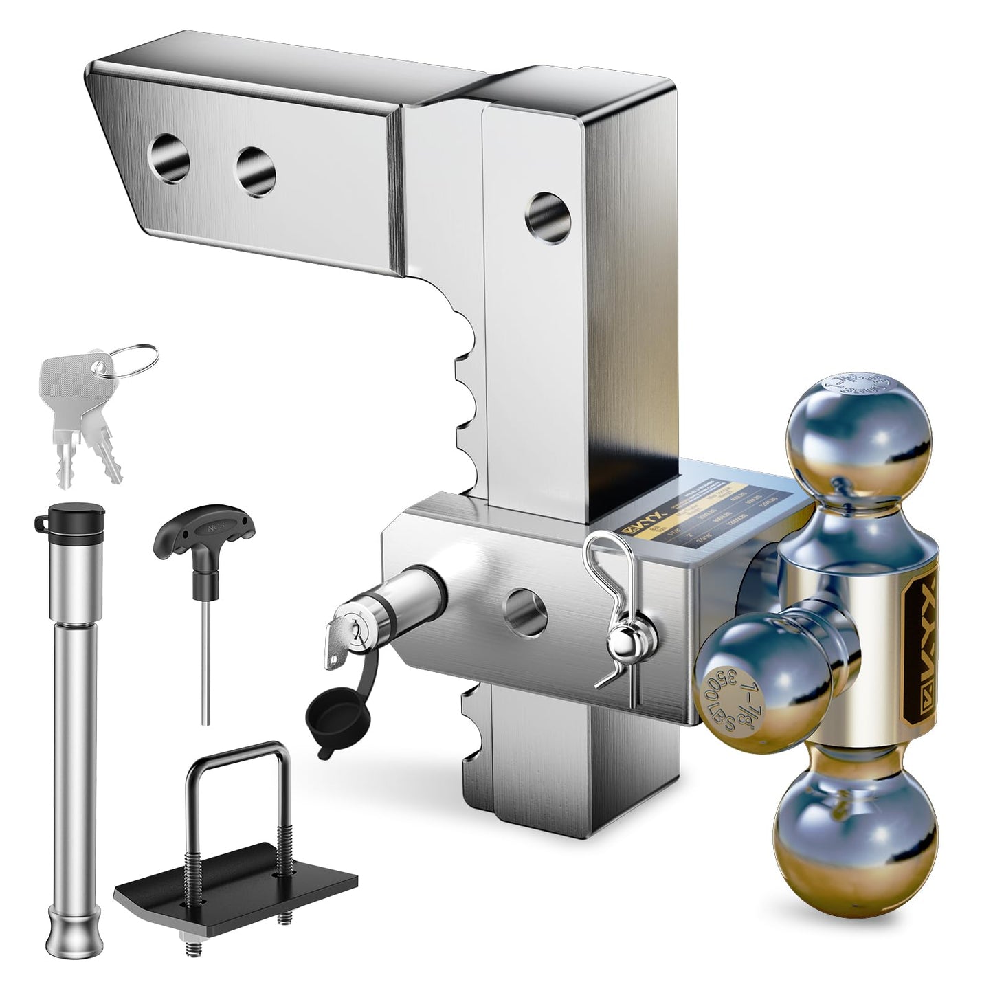 Adjustable Drop Hitch for 2" Receiver, 8" Drop Trailer Hitch, Tri-Ball (1-7/8" 2" 2-5/16"), 12500 lbs GTW, Double Anti-Theft Lock Pins, Aluminum Ball Mount for Trucks & Trailers
