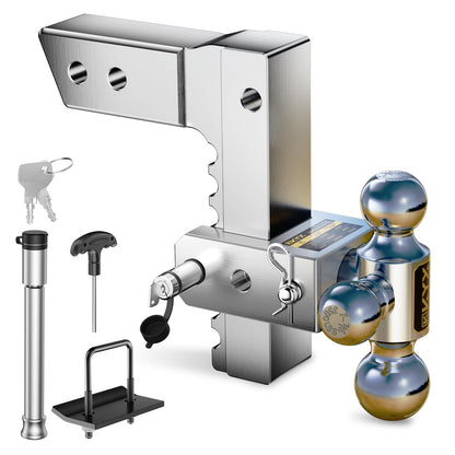 Adjustable Drop Hitch for 2" Receiver, 8" Drop Trailer Hitch, Tri-Ball (1-7/8" 2" 2-5/16"), 12500 lbs GTW, Double Anti-Theft Lock Pins, Aluminum Ball Mount for Trucks & Trailers