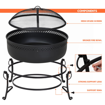 SUNCREAT Outdoor Patio Fire Pit with Mesh Spark Screen, 40" Portable Fire Pit for Camping, Black