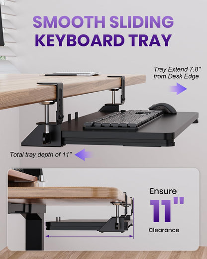 Zontera Ergonomic Keyboard Tray Under Desk, Pull Out with Adjustable C-clamp, 25.6 (31.5 Including Clamps) x 11.8 Inch Slide Out Computer Keyboard Drawer Mouse Tray for Typing, Large & Black