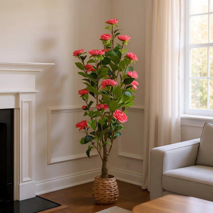 CZWBE 45" H Artificial Camellia Tree 2 Pack - Woven Planter with 28 Flowers,Faux Plant for Office Decor & Indoor Outdoor Home Wedding Decor（red）