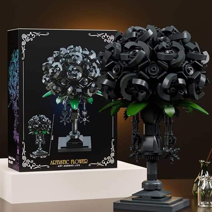 Black Rose Building Block Flower Decor Gothic Style Brick-Built Floral Bouquet for Home &amp Office Compatible with Lego Dark Romantic Black Flowers DIY Display Gift for Adults