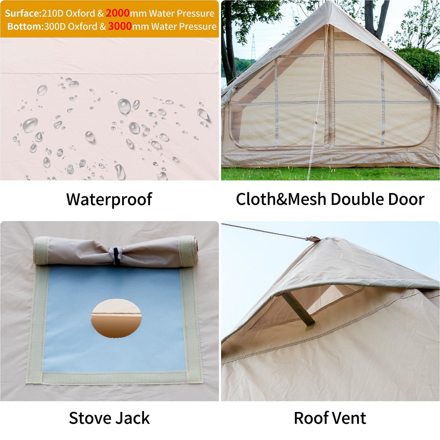 WaldZimmer 6sq Beige Inflatable Camping Tent with Hand Pump and Stove Jack Waterproof Windproof Outdoor Blow up Tent 3-4 Person Oxford 4 Season Glamping Air Tents Cabin House Easy to Set Up