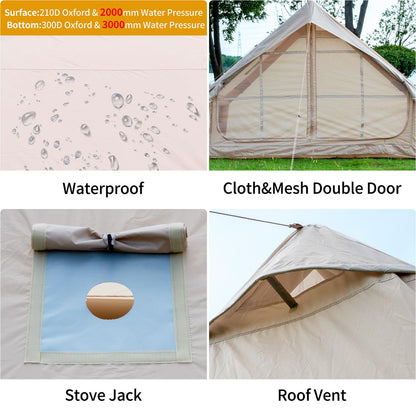 WaldZimmer 6sq Beige Inflatable Camping Tent with Hand Pump and Stove Jack Waterproof Windproof Outdoor Blow up Tent 3-4 Person Oxford 4 Season Glamping Air Tents Cabin House Easy to Set Up