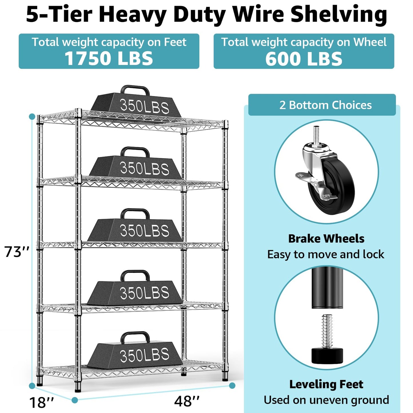 M MZG 5-Shelf Storage Shelves,Wire Shelving Heavy Duty Metal Storage Shelving Unit Adjustable Garage Shelving Rack Pantry Kitchen (Chrome, 5 Tier,17.7" D x 47.2" W x 76.7" H)