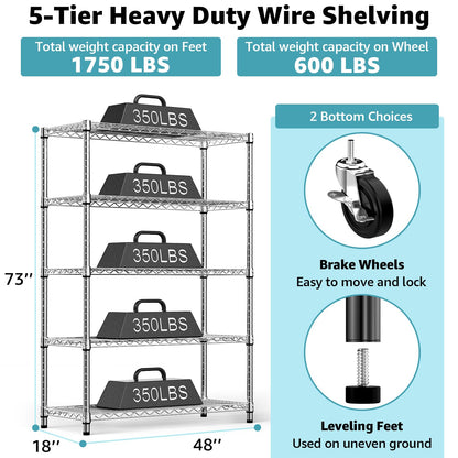M MZG 5-Shelf Storage Shelves,Wire Shelving Heavy Duty Metal Storage Shelving Unit Adjustable Garage Shelving Rack Pantry Kitchen (Chrome, 5 Tier,17.7" D x 47.2" W x 76.7" H)