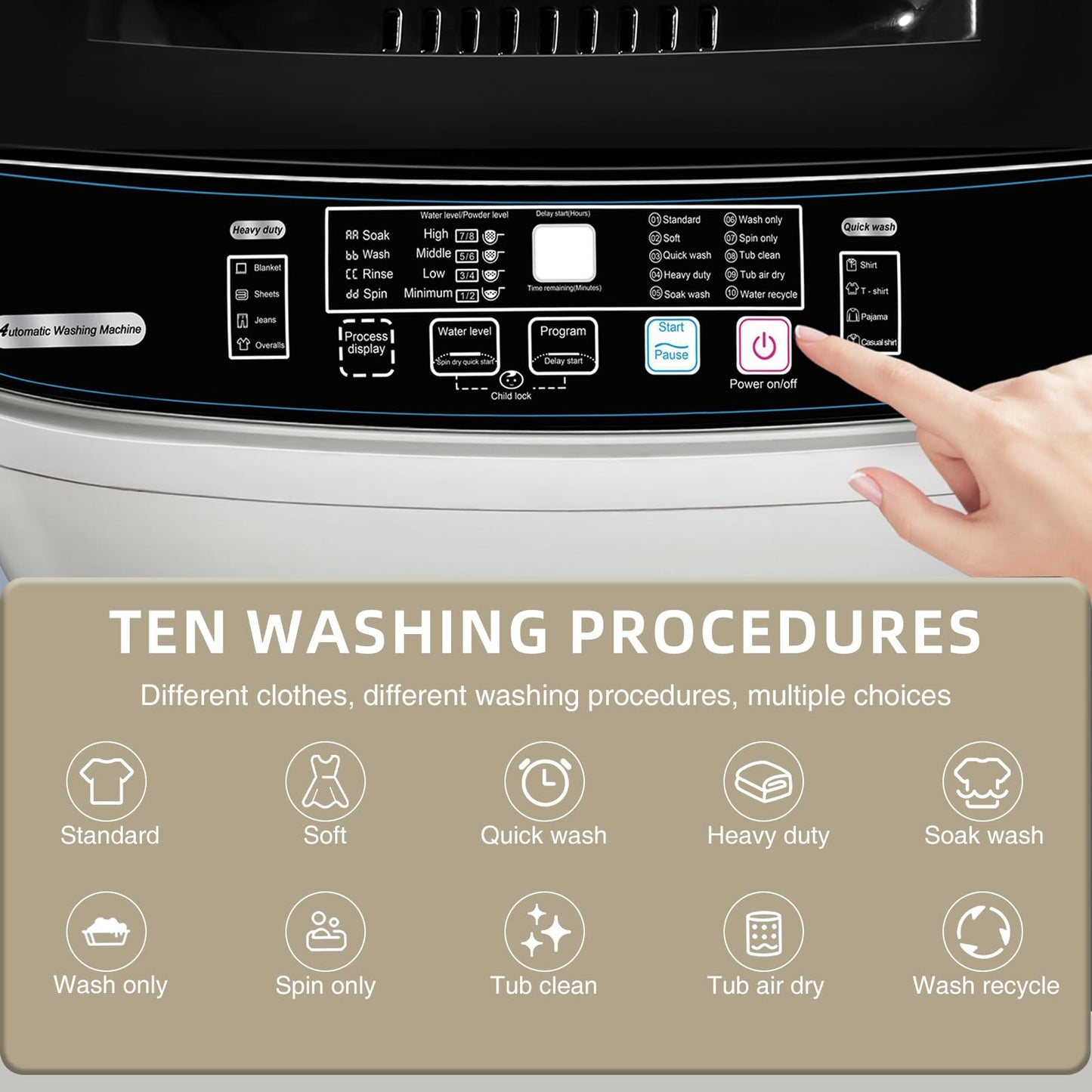 BINMIT 15.6lbs Full-Automatic Washing Machine, Portable Compact Laundry Washer with Drain Pump, 10 Programs 8 Water Levels with LED Display for RV, Camping, Apartment, Dorm, Dark-Grey