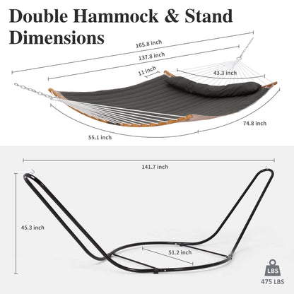 SUNCREAT Double Hammock with Curved Spreader Bar, Hammock with Stand Included 2 Person, Patent Pending, Dark Gray