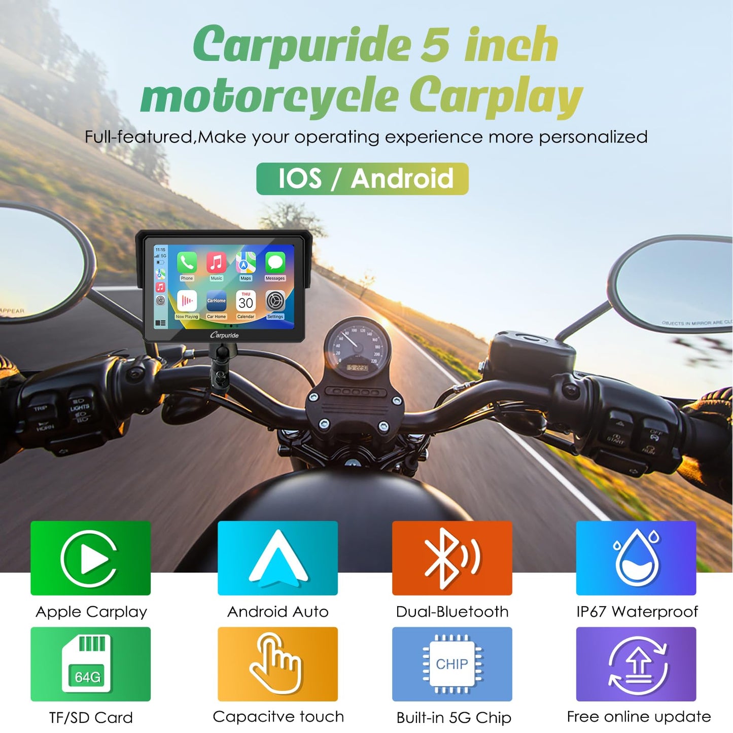 Carpuride W502 Motorcycle GPS Wireless Portable Carplay/Android Auto Waterproof Car Stereo, 5" IPS Touch Screen with Dual Bluetooth, Navigation/Siri/G00gle Assistant for Motorbike