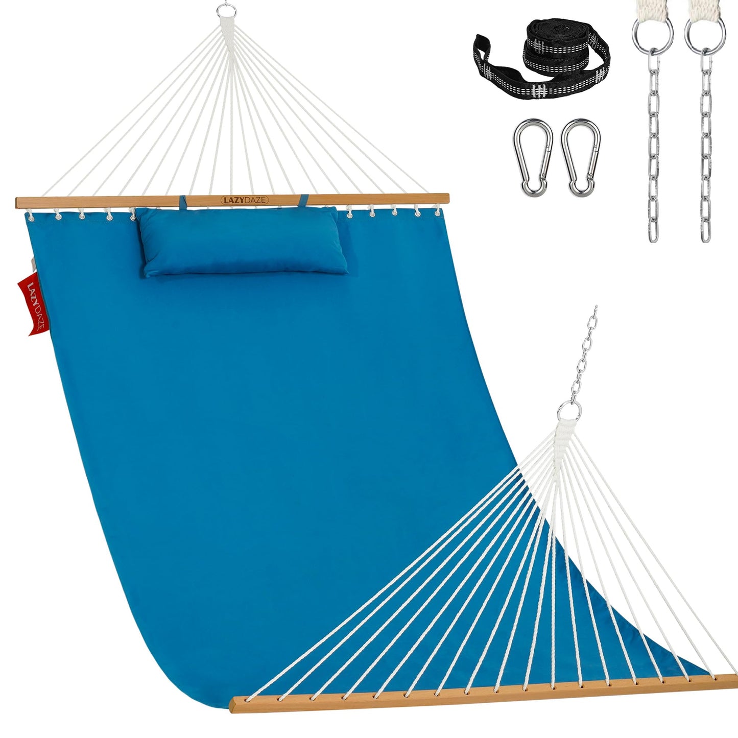 Lazy Daze Hammocks 12 FT Sunbrella Fabric Hammock non-fading with Spreader Bars and Free Pillow Fits for 2 Persons, All Weather and Fade Resistant for Patio Yard, 450 lbs Capacity, Canvas Pacific Blue