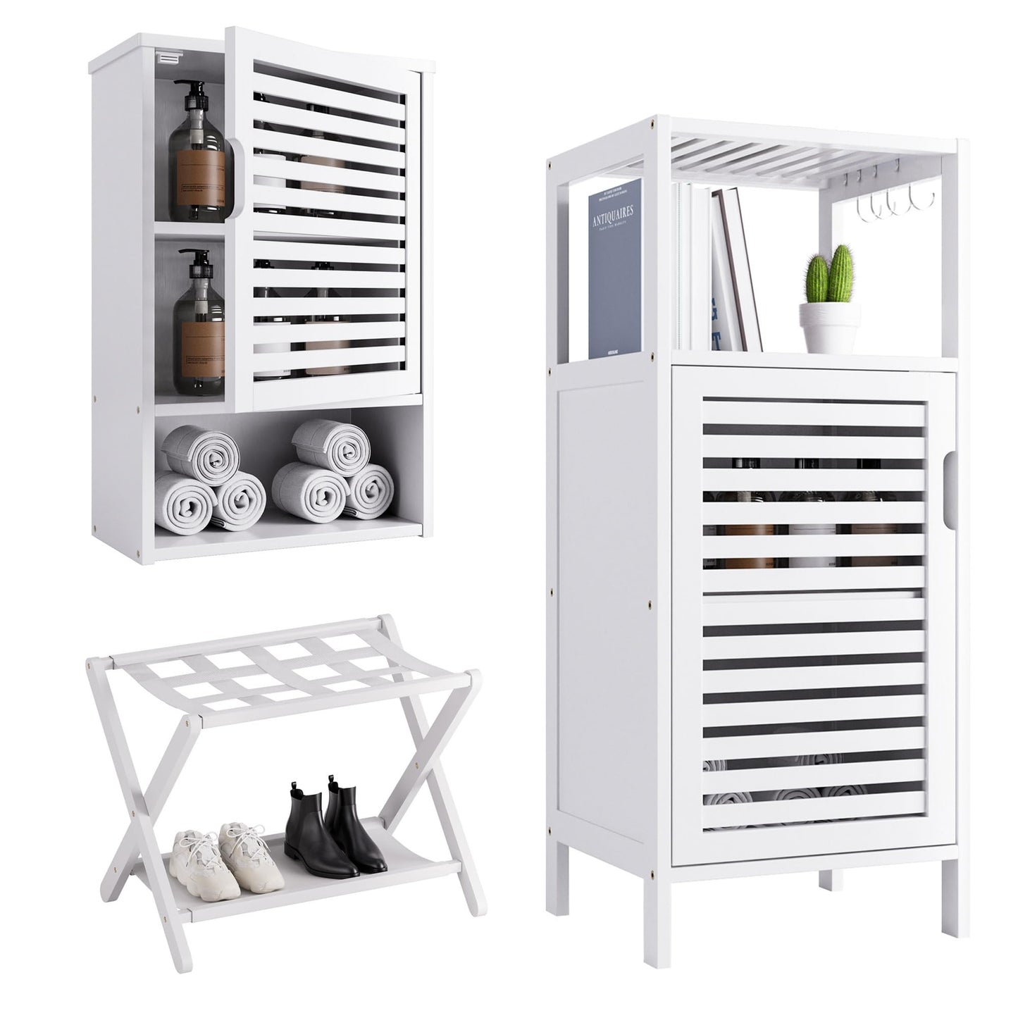 HITNET Bathroom Wall Cabinet Foldable Luggage Rack and Bamboo Storage Cabinet Freestanding, Over Toilet Hanging Cabinet with Adjustable Shelf, Sofa Side Table Storage Organizer with 4 Hooks, White