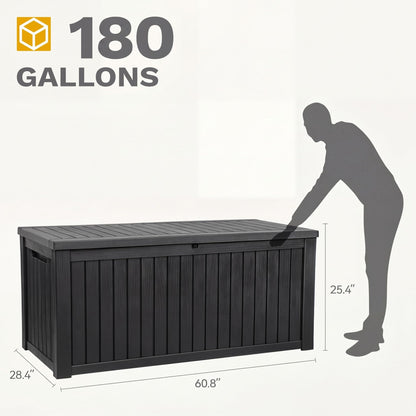 DWVO 180 Gallon XL Deck Box with Divider & Lockable Lid, Waterproof Resin Outdoor Storage for Patio, Garden, Poolside, Cushions, Supplies & Sports Gear, Black