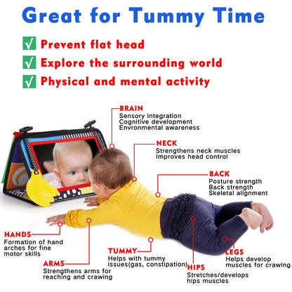Tummy Time Baby Mirror Infant Toys Newborn 0 3 Months Brain Development with Crinkle Cloth Book Teether Black and White High Contrast Baby Toys 2 4 5 0-6 Month Boys Girls Sensory Activity Shower Gifts