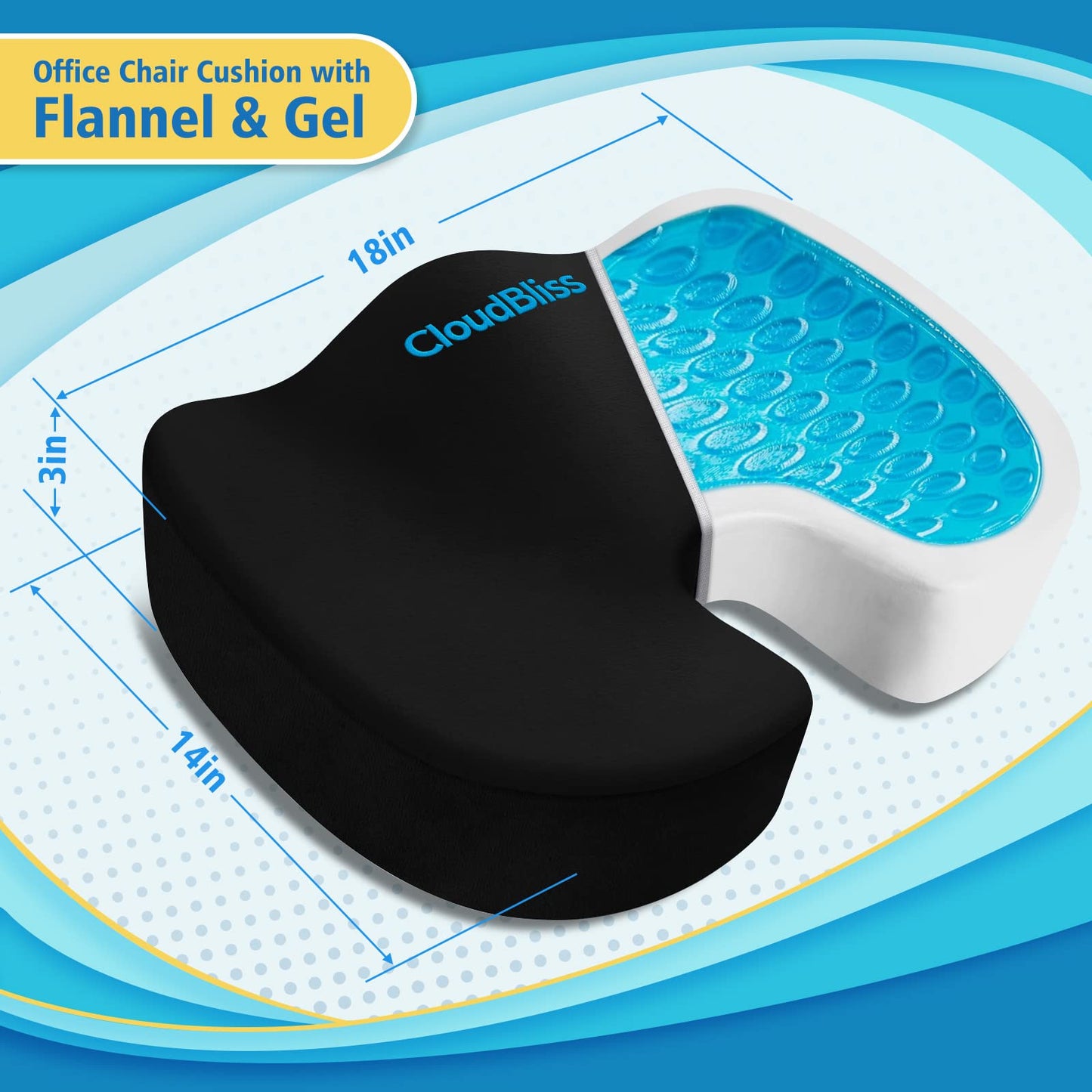 CloudBliss Gel Seat Cushion - Cooling Gel Enhanced Memory Foam Ergonomic Seat Cushion - Back, Sciatica, Coccyx, Tailbone Pain Relief for Office, Game, Car, Automotive, Airplane (Large, Black)