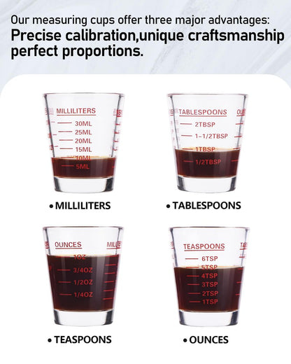 Shot Glasses Measuring Cup Set 4PACK Espresso Shot Glasses Liquid Heavy Glass 26-Incremental Measurement 1 OZ, 2 TBS, 6 TSP, 30 ML Kitchen Tools (Red)