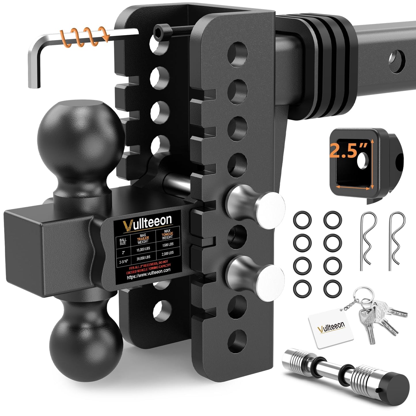 Vullteeon Adjustable Trailer Hitch, Drop Hitch for 2.5 Inch Receiver, Tow Hitch with 6 Inch Drop/Rise, 2" & 2-5/16" Ball Hitches for Trucks, 22,000 LBS GTW, Trailer Hitches with Anti-Theft Pin