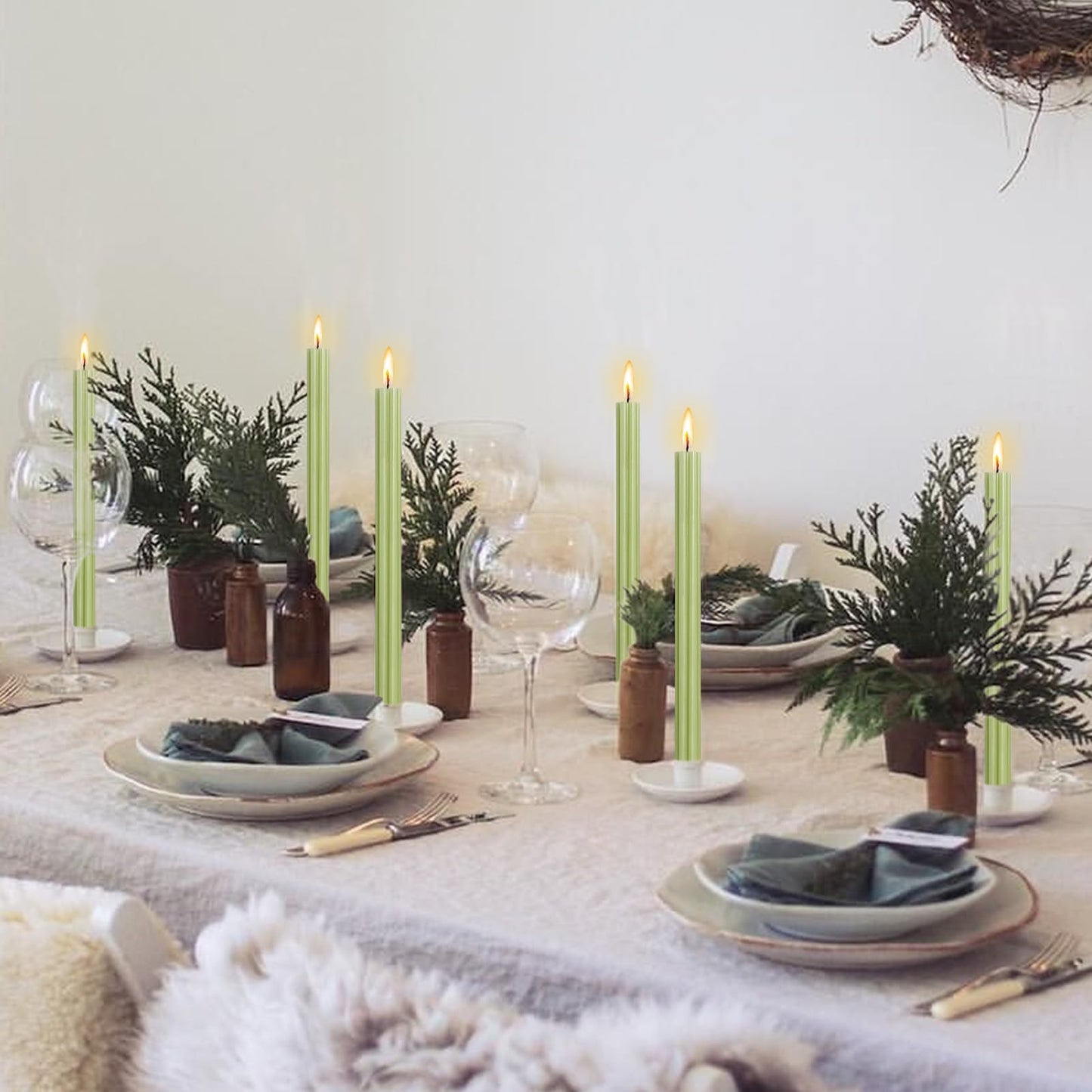 Dripless Taper Candles Unscented Grass Green Long Taper Candles Smokeless 10 Inch Roman Column Design Dinner Candlesticks for Home Decoration Holiday Gifts (2Pcs)