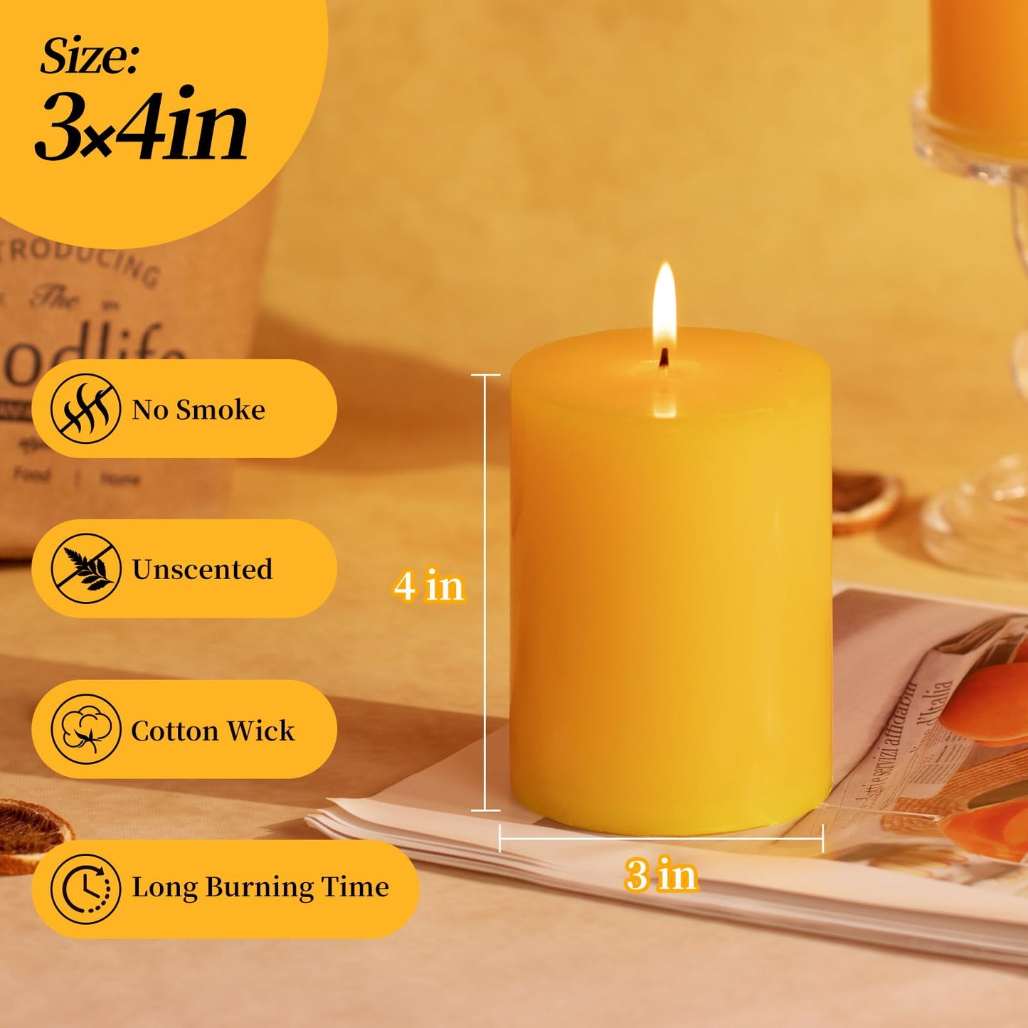 KONNI Yellow Pillar Candles Set of 3, 3"x 4" Unscented Pillar Candles Bulk, 39 Hours Long Burning Candles, Smokeless&Dripless Large Round Candle for Wedding, Home Decoration, Parties, Spas, Dinner