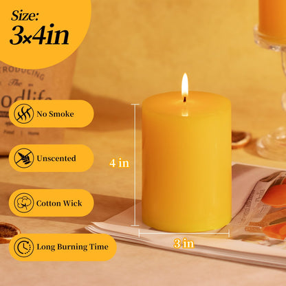 KONNI Yellow Pillar Candles Set of 3, 3"x 4" Unscented Pillar Candles Bulk, 39 Hours Long Burning Candles, Smokeless&Dripless Large Round Candle for Wedding, Home Decoration, Parties, Spas, Dinner