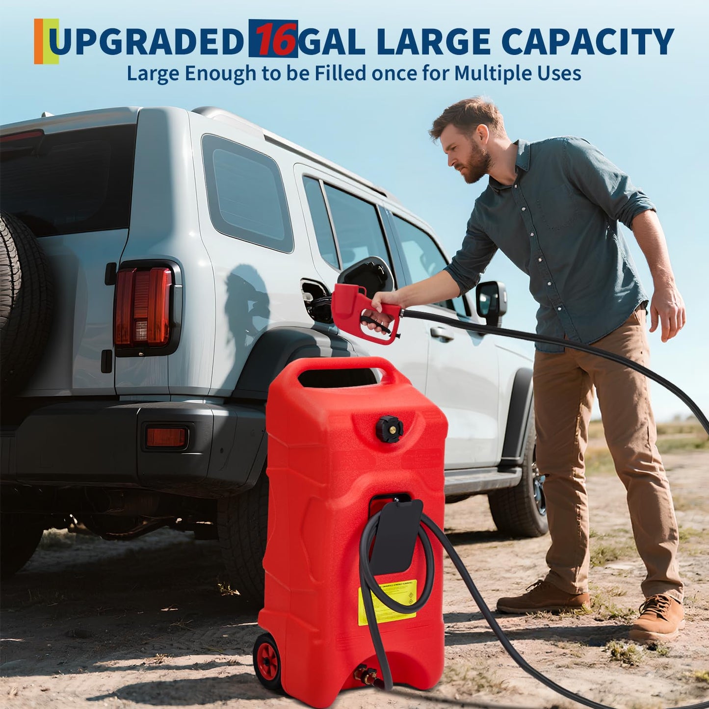 PeacefulHues Upgraded 16 Gallon Gas Tank, Heavy-Duty Fuel Can with Manual Transfer Pump & 10FT Hose, Portable Gas Can with Casters, Leak-Proof Gas Container for Lawn Mowers, Tractor, Boat, Snow Blow