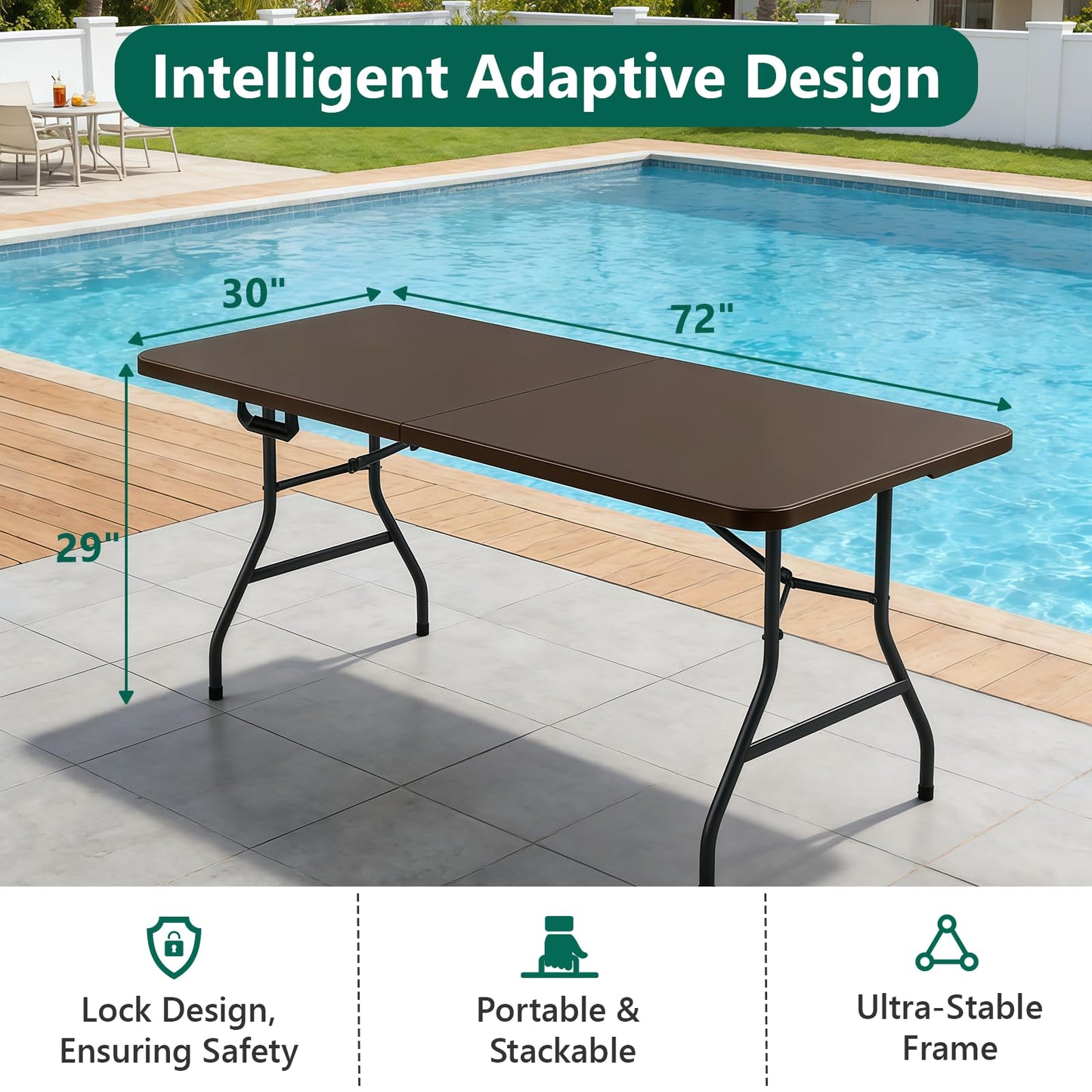 MAKE CHANGES 6FT Folding Table, Heavy Duty Plastic Fold-in-Half Utility Table with Handle, Portable Camping Picnic Table with Steel Legs for Indoor Outdoor Party, Dining, Brown,2 Pack