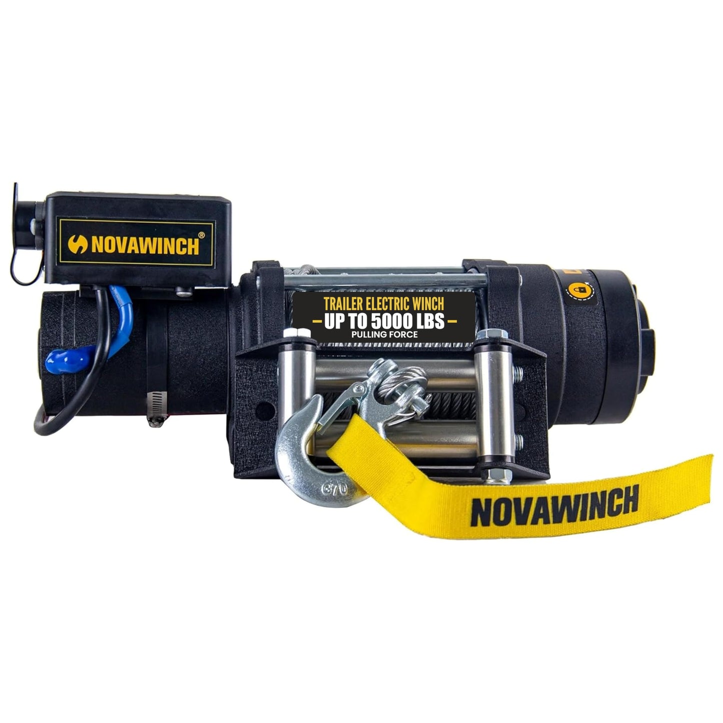 Novawinch Flex 5000 lb Trailer Winch 12V Electric - IP68 Sealed Planetary Gearbox, Wire Rope, Auto Load-Holding Brake, Waterproof Remote - Flatbed, Boat Trailer, Equipment Hauler, Car Hauler, SAE