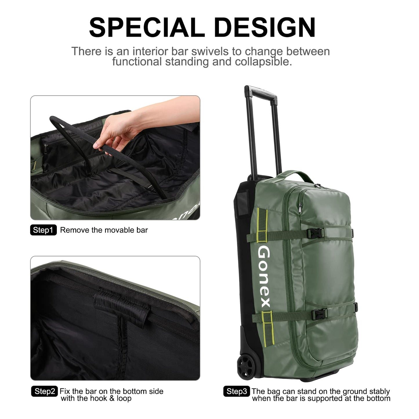 Gonex Travel Compression Packing Cubes Set, 6 Pcs, Green & Rolling Duffle Bag with Wheels, 25 inch, Olive