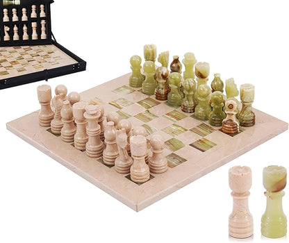 Marble Chess Set for Adults 12 Handmade Verona &amp Green Board Game with 32 Chess Pieces 2 Extra Queens &amp Storage Box Luxury Travel Game Elegant for Home Decor