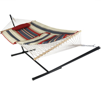 Sunnydaze Rope Hammock with Stand for Outside - Heavy Duty Freestanding Portable Outdoor Hammock Set with Quilted Pad, Pillow, and 12-Foot Steel Frame - 275 lb Capacity - Modern Lines