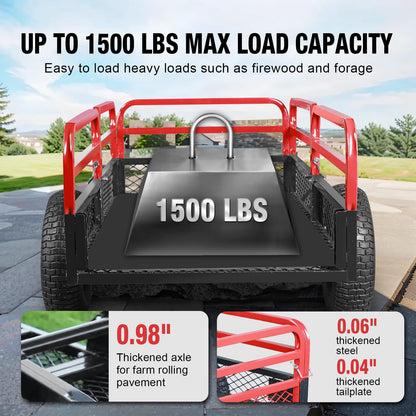 Big RED Heavy Duty ATV Dump Trailer, 1500lb Capacity 15 cu.ft Utility Cart with Red Steel Railings,16" Tires for Tractor, UTV